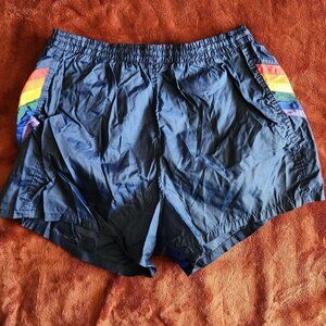 Vintage 90s B.O.G. brand Navy Blue Running Shorts w/ Rainbow Stripes Sides.